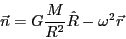 \begin{displaymath}
\vec{n}=G\frac{M}{R^{2}}\hat{R}-\omega^{2}\vec{r}\end{displaymath}